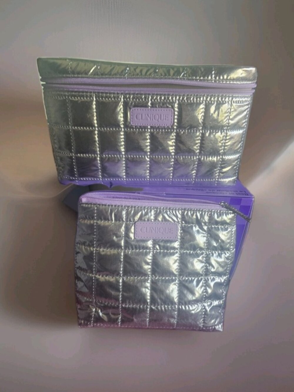 Clinique Quilted Silver Metallic Overnight Train Case and Make Up Pouch